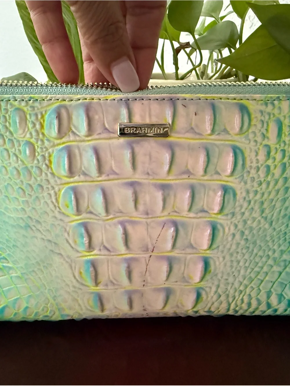 Brahmin Iridescent Mint Croc-Embossed Cosmetic Case